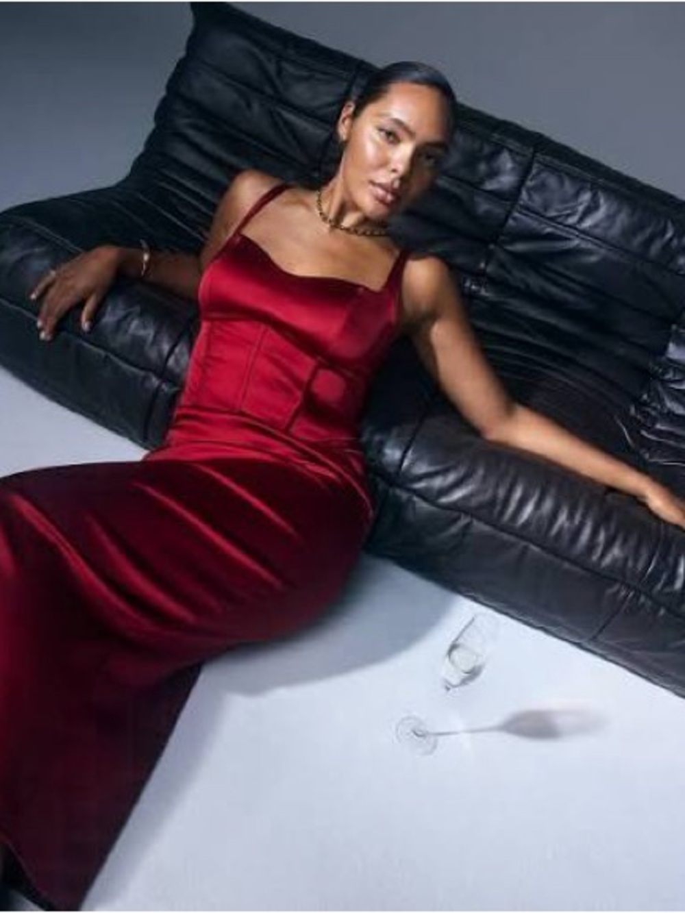 Abercrombie & Fitch Wine Red Satin Maxi Dress with Corset Bodice